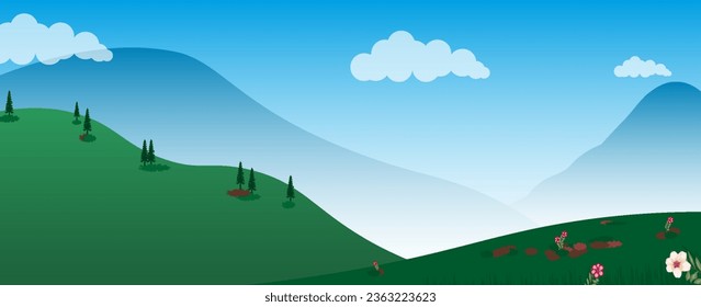 Ilustración vectorial del hermoso paisaje de campo de verano con amanecer, colinas verdes, cielo azul colores brillantes,vector