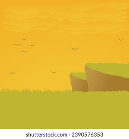 Vector illustration of beautiful summer field landscape with dawn, green hills, bright orange sky, flat cartoon style background.