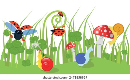 Ilustración vectorial de un hermoso campo de verano. Escena de dibujos animados de hierba verde alta, trébol con insectos, moluscos: mariquita volando, caracoles arrastrándose, mosca agaric aislado sobre fondo blanco.