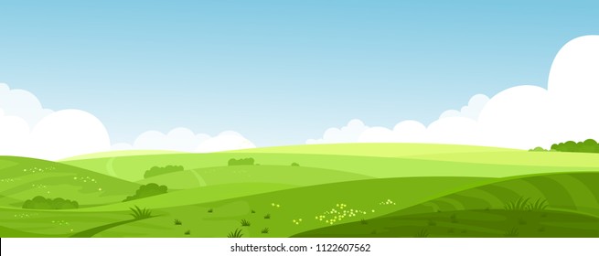 Vector illustration beautiful summer fields landscape and dawn  green hills  bright color blue sky  country background in flat cartoon style banner 
