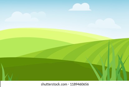 Vector illustration of beautiful summer fields landscape with green hills, bright color blue sky, country background in flat cartoon style banner.