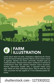 Vector illustration of beautiful summer fields landscape with a dawn, green hills, blue sky, sun and animals silhouette. countryside view living concept graphic illustration. cartoon nature concept