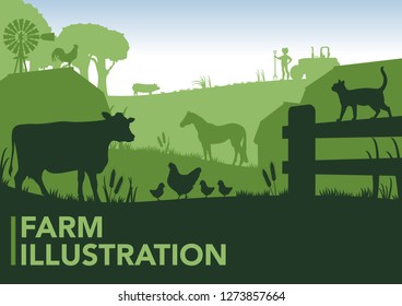 Vector illustration of beautiful summer fields landscape with a dawn, green hills, blue sky, and animals silhouette. countryside view living concept graphic illustration. cartoon nature concept