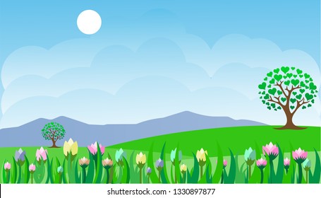 Vector illustration of beautiful summer fields or  spring pasture landscape with  green hills, blue sky, and flower . Rural landscape