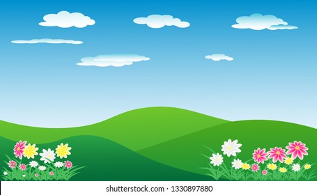 Vector illustration of beautiful summer fields or  spring pasture landscape with  green hills, blue sky, and flower . Rural landscape