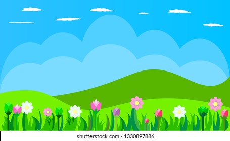 Vector illustration of beautiful summer fields or  spring pasture landscape with  green hills, blue sky, and flower . Rural landscape