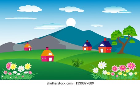 Vector illustration of beautiful summer fields or  spring pasture landscape with  green hills, blue sky, and flower . Rural landscape