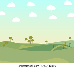 Vector illustration of beautiful summer fields landscape with a dawn, green hills, bright color blue sky in flat style banner.
