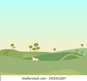 Vektorgrafik von schönen Sommerfeldern Landschaft mit einem Hund, grüne Hügel, helle Farbe blauen Himmel in flachen Stil Banner.