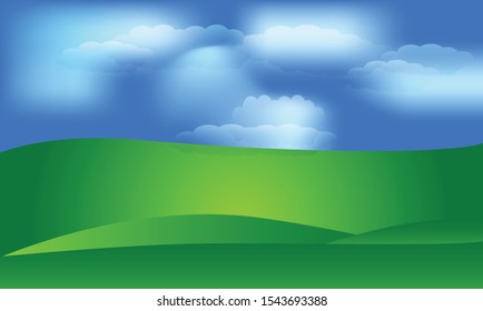 Vector illustration of beautiful summer fields landscape with a dawn, green hills