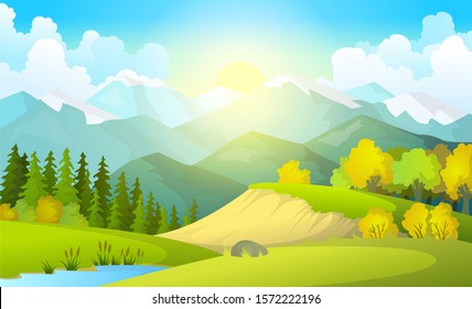 Vector illustration of beautiful summer fields landscape with a dawn, green hills, bright color blue sky, country background in flat cartoon style banner