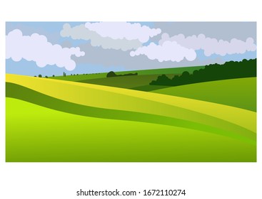 Vector illustration of beautiful summer fields landscape with a green hills and blue sky. Country background in flat style for design banner, ticket, leaflet, card, poster and so on