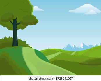 Vector illustration of beautiful summer fields landscape with a dawn, green hills, bright color blue sky, country background in flat cartoon style banner.
