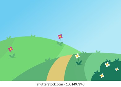 Vector illustration of beautiful summer fields landscape with a dawn, green hills, bright color blue sky in flat cartoon style banner