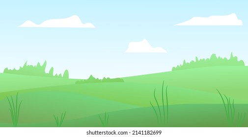Vector illustration of beautiful summer fields landscape. Cute green hills, bright color blue sky, clouds. Nature background in flat cartoon style.
