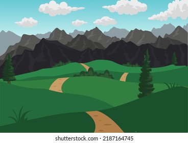 Vector illustration of beautiful summer fields landscape with a dawn.country background in flat cartoon style banner.Summer season alpine wild nature outdoor hand drawn scenic view