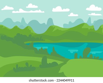 Vector illustration of beautiful summer fields landscape with a dawn, green hills, bright color blue sky, country background in flat cartoon style banner