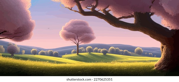 Vector illustration of beautiful summer fields Landscape with sunrise and single trees, green hill, bright blue sky, background in flat cartoon style banner.