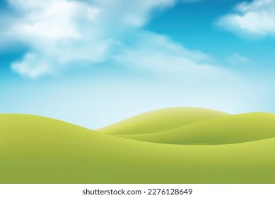 Vector illustration of beautiful summer fields landscape with a dawn, green hills, bright color blue sky, country background in flat cartoon style banner.