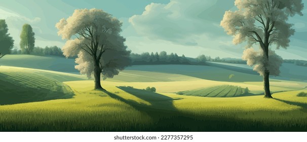 Vector illustration of beautiful summer fields Landscape with sunrise and single trees, green hill, bright blue sky, background in flat cartoon style banner.