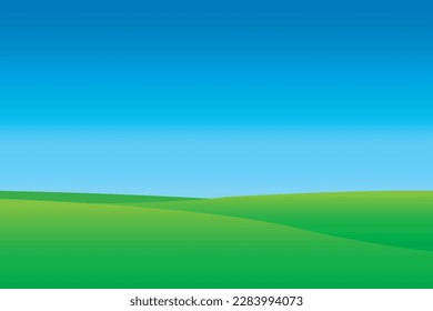Vector illustration of beautiful summer fields landscape with a dawn, green hills, bright color blue sky.