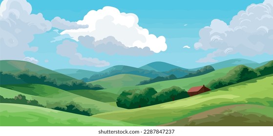 Ilustración vectorial del hermoso paisaje de los campos de verano con un amanecer, colinas verdes, cielo azul de colores brillantes, fondo de campo en banner de estilo de dibujos animados planos. Pasos 10