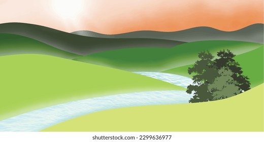 Vector illustration of beautiful summer fields landscape with a dawn, green hills, bright color blue sky, country background in flat cartoon style banner.