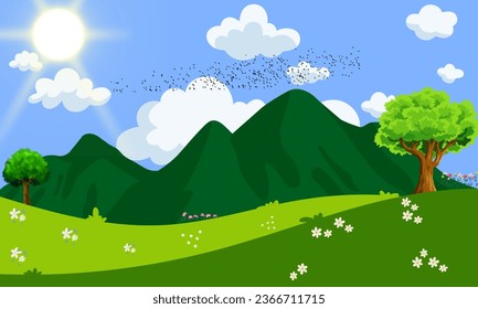 Vector illustration of beautiful summer fields landscape with a dawn, green mountains, bright color blue sky, clouds, country background in flat cartoon style banner.