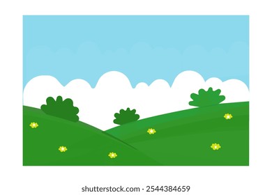 Vector illustration of beautiful summer fields landscape with a dawn, green hills, bright color blue sky. Bright nature country background in flat cartoon style banner