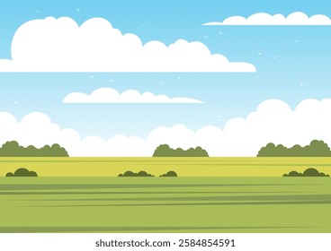 Vector illustration of beautiful summer fields landscape. Springtime panorama flat cartoon style banner