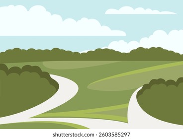 Vector illustration of beautiful summer fields landscape. Springtime panorama flat cartoon style banner
