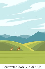 Vector illustration of beautiful summer fields landscape. Springtime panorama flat cartoon style banner