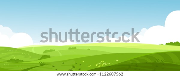 明け方 緑の丘 明るい色の青い空 平らな漫画のスタイルのバナーの国の背景に美しい夏の野原の風景のベクターイラスト のベクター画像素材 ロイヤリティ フリー