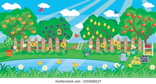 Vector illustration of a beautiful summer garden. Cartoon garden landscape with lake with ducks, flowers, harvest of apples, pears and plums.