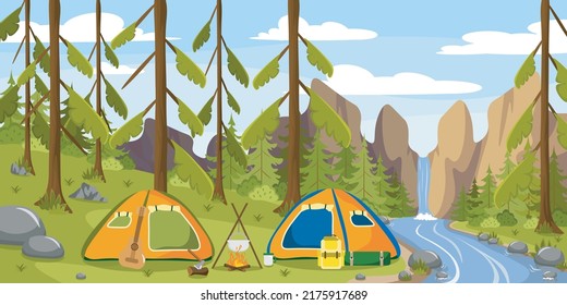 Vector illustration of a beautiful summer hike. Cartoon forest landscape with mountains, waterfall, river, tents, guitar, fire.