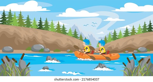 Vector illustration of beautiful summer kayaking trips. Cartoon forest landscape with boys on a kayak, stormy river, reeds, mountains.