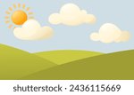 Vector illustration of a beautiful summer landscape. Green field of grass, blue sky with clouds, bright sun. Day, morning. Landscape design for banners, posters, children