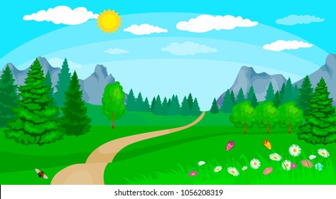 Vector illustration of a beautiful summer landscape with Forest glade.