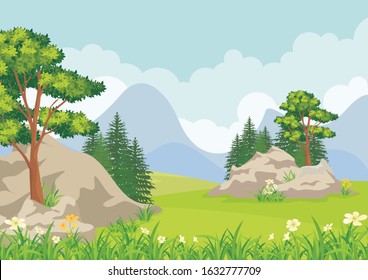 Vector illustration of beautiful summer landscape fields with rocky terrain and the meadows