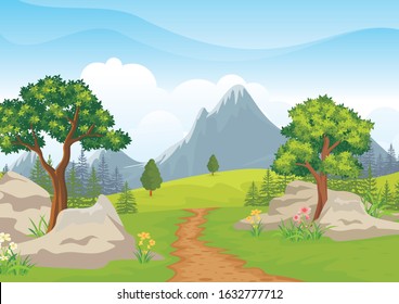 Vector illustration of beautiful summer landscape fields with rocky terrain and the meadows