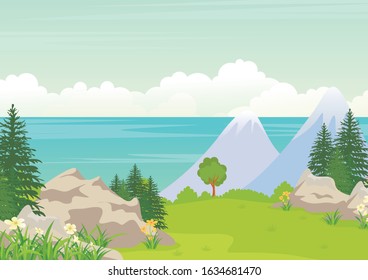 Vector illustration of a beautiful summer landscape with rocky terrain and meadows