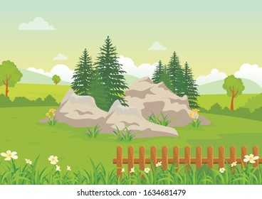 Vector illustration of a beautiful summer landscape with rocky terrain and meadows