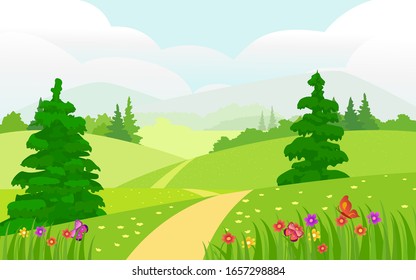 Imagen vectorial de un hermoso paisaje de verano. Flores de primavera y ilustración vectorial de árboles