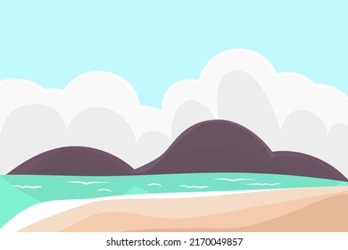 Vector illustration of beautiful summer landscape. mountains, fields, blue sky, clouds and sand. Nature background in flat cartoon style.