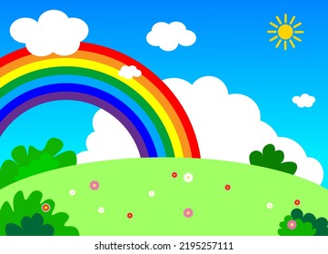 Vector illustration of a beautiful summer landscape with a rainbow