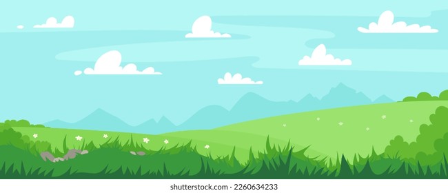 Vector illustration of beautiful summer landscape fields, flowers, grass, trees green hills, mountains blue sky bright color, clouds country background in flat banner cartoon style. Spring season.