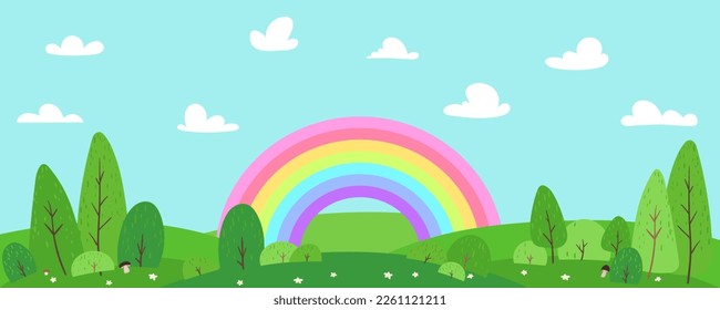 Vector illustration of beautiful summer landscape forest, mushrooms, trees, bushes, green hill, blue sky, clouds, rainbow, woods background in flat banner cartoon style. Nature in Children style.