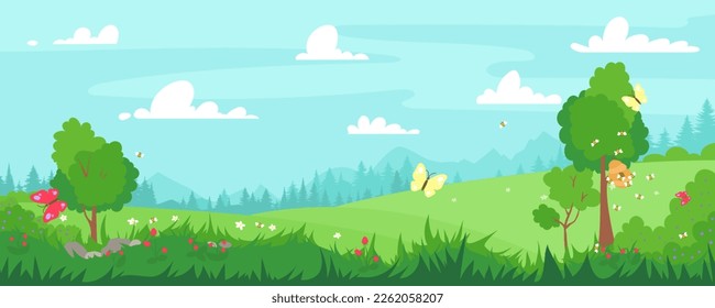 Ilustración vectorial de hermosos paisajes de verano, flores, abeja miel, hierba, árboles, colinas verdes, cielo azul montañoso, nubes fondo de campo en estilo de caricatura de pancarta plana. Temporada de primavera.