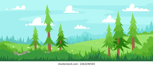 Ilustración vectorial de hermosos paisajes de verano, flores, hierba, pinos, colinas verdes, montañas, cielo azul, nubes fondo de silueta forestal en banner plano estilo caricatura. Temporada de primavera.