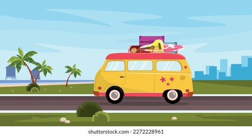 Vector illustration of a beautiful summer landscape. A cartoon landscape with a road and a car with suitcases, a guitar, a surfboard, road signs with the inscriptions: Maldives and Bali, palm trees.